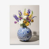 Basketball Vase canvas wall art, a blue and white porcelain basketball vase with purple and orange flowers