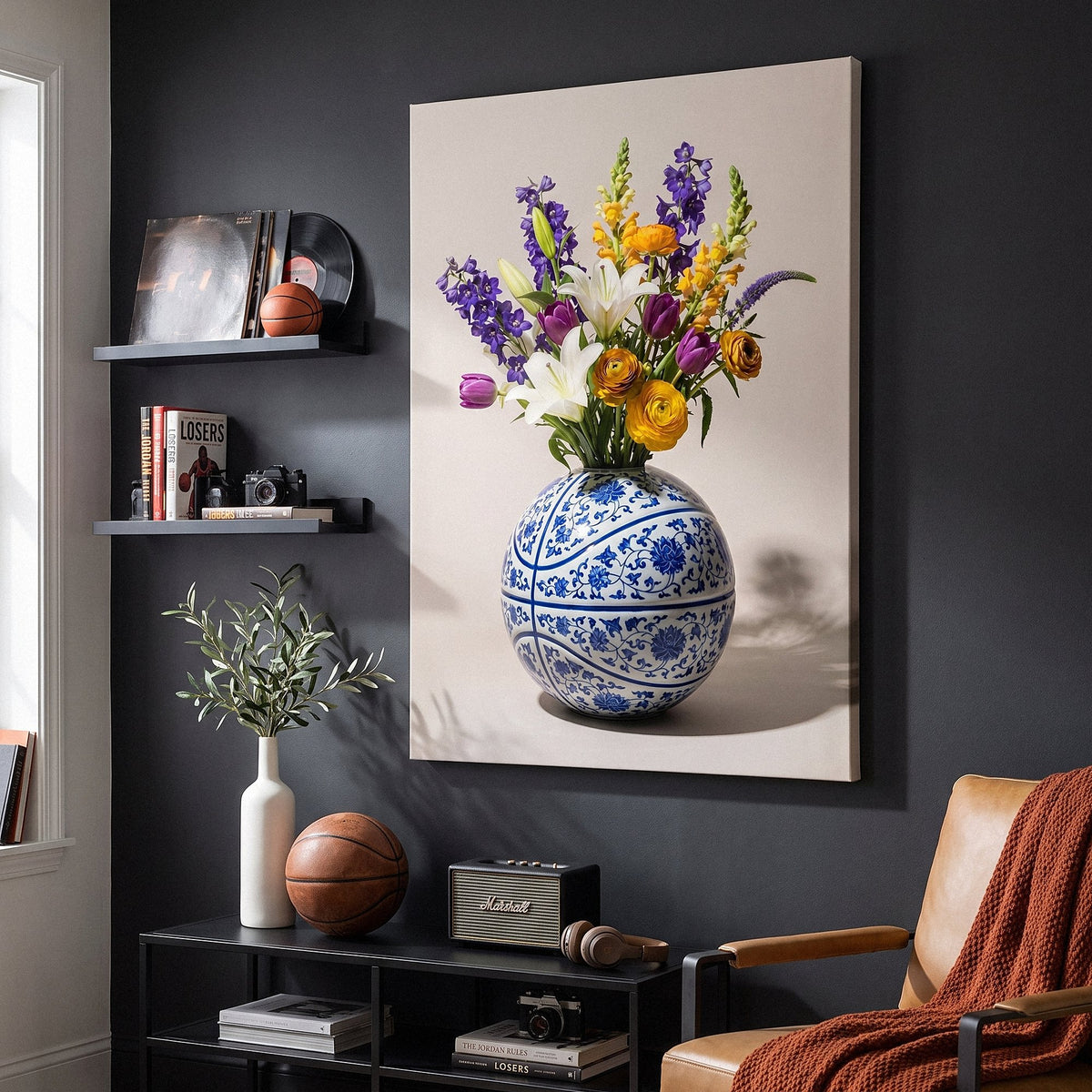 Basketball Vase canvas above a black console in a charcoal den with records and a leather basketball