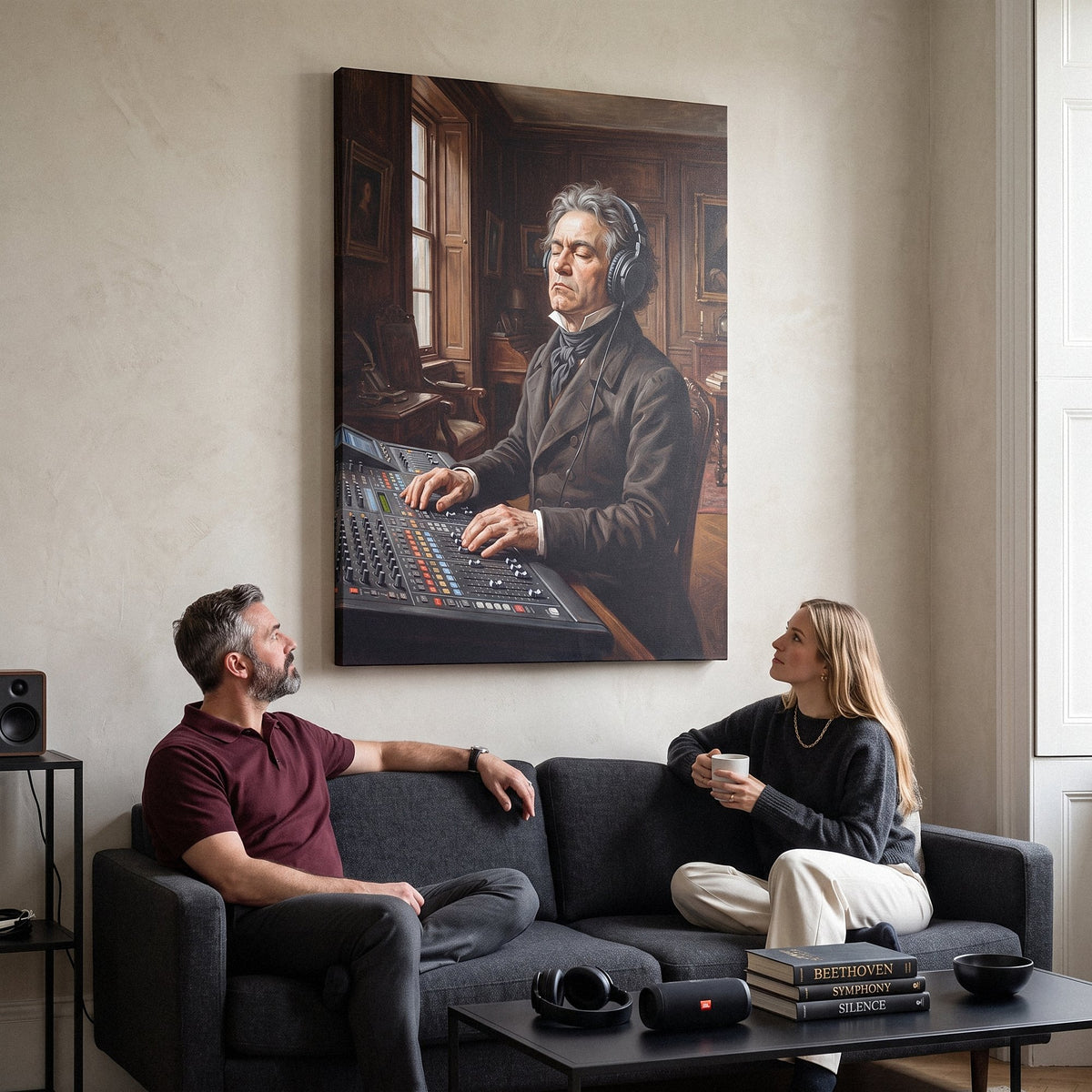 Beethoven Unmuted canvas in a living room with two people