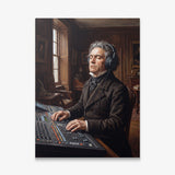 Beethoven Unmuted canvas wall art, an oil painting of Beethoven in headphones at a mixing desk