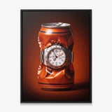 Bitter End crushed orange soda can with a white dial steel watch canvas wall art in a black floating frame
