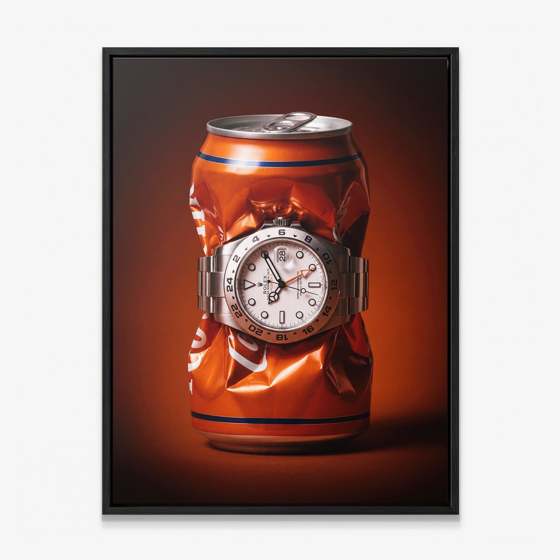 Bitter End crushed orange soda can with a white dial steel watch canvas wall art in a black floating frame