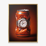 Bitter End crushed orange soda can with a white dial steel watch canvas wall art in a gold floating frame