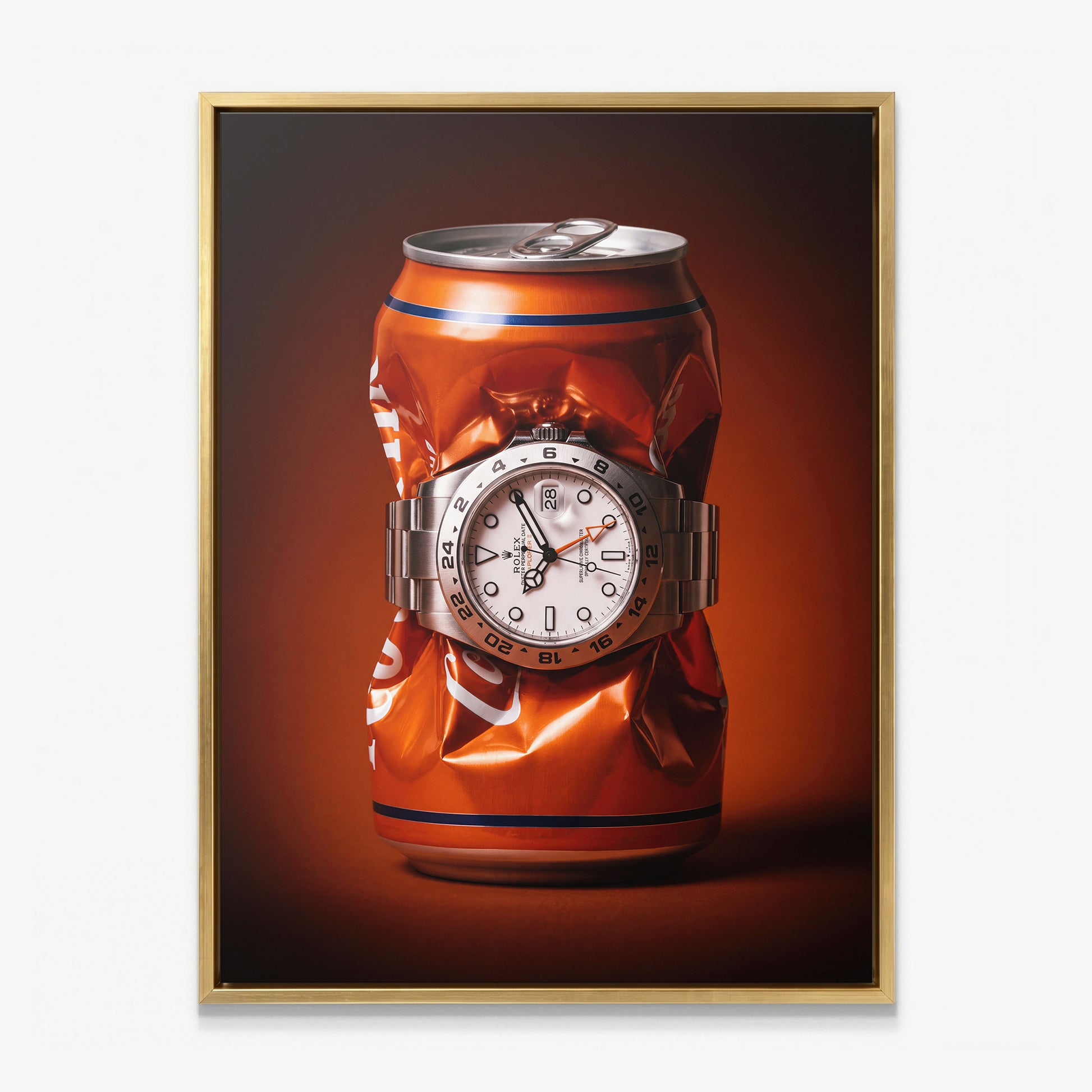 Bitter End crushed orange soda can with a white dial steel watch canvas wall art in a gold floating frame