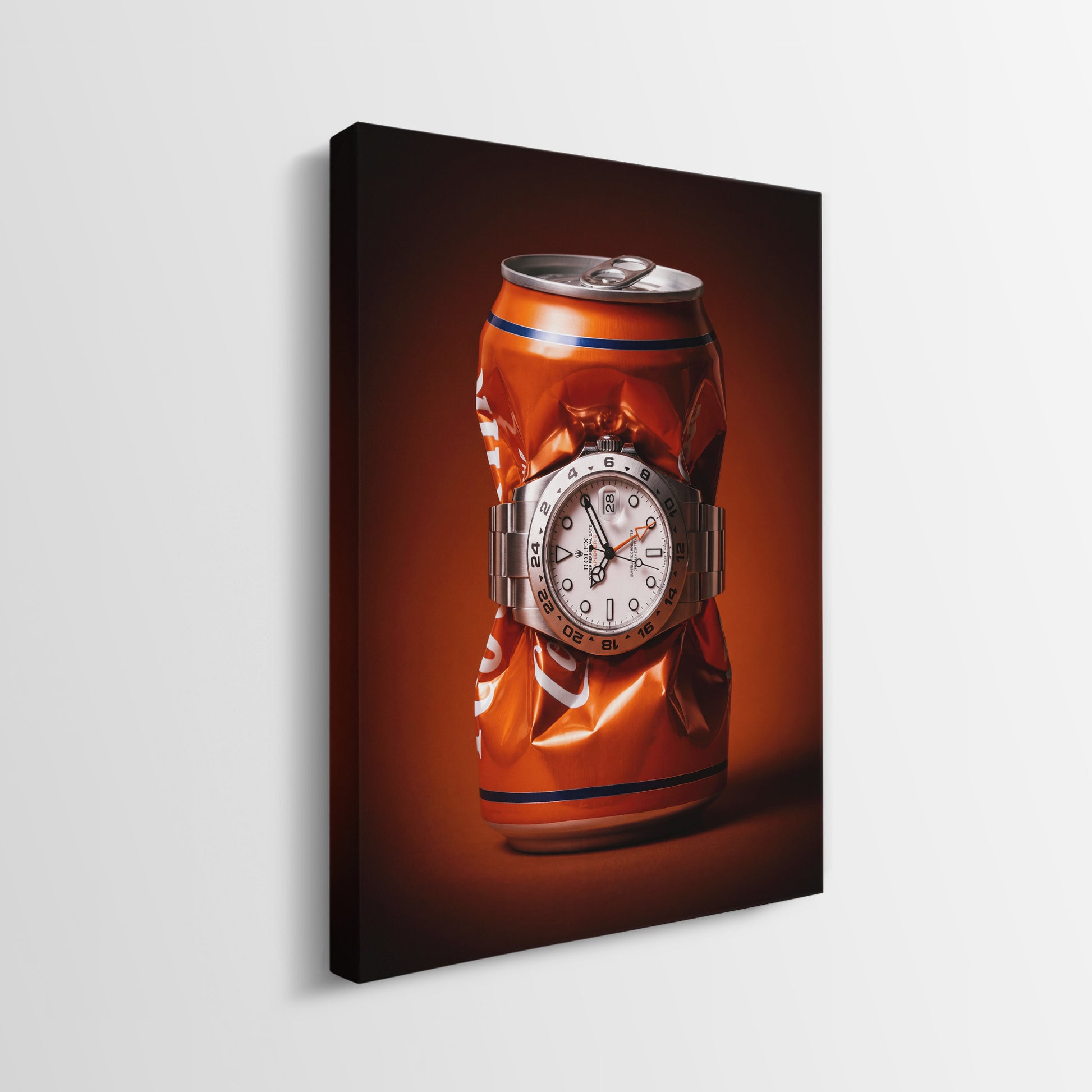 Bitter End crushed orange soda can with a white dial steel watch canvas wall art side profile showing the gallery wrapped edge