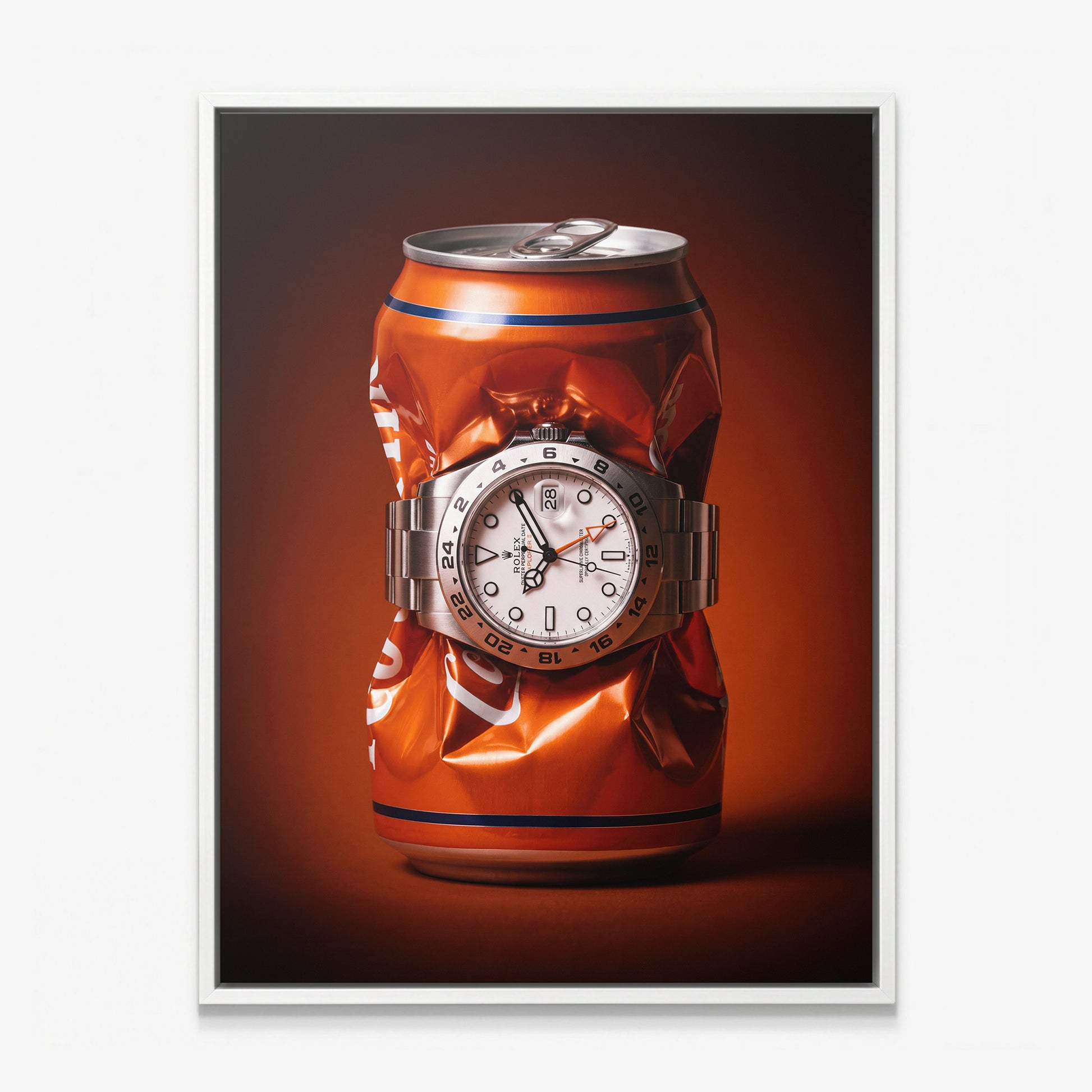 Bitter End crushed orange soda can with a white dial steel watch canvas wall art in a white floating frame