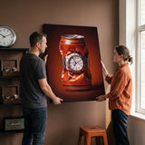 Bitter End crushed orange soda can with a white dial steel watch canvas wall art on a wall with two people beside it