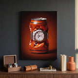 Bitter End crushed orange soda can with a white dial steel watch canvas wall art hanging in a styled home interior