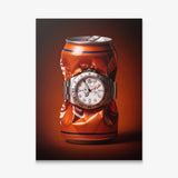 Bitter End crushed orange soda can with a white dial steel watch canvas wall art