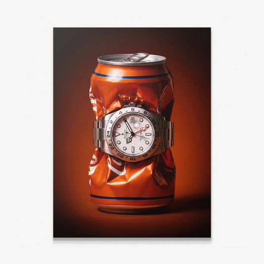 Bitter End crushed orange soda can with a white dial steel watch canvas wall art