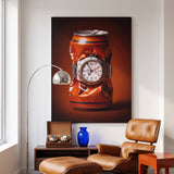 Bitter End crushed orange soda can with a white dial steel watch canvas wall art seen from the side on a styled wall