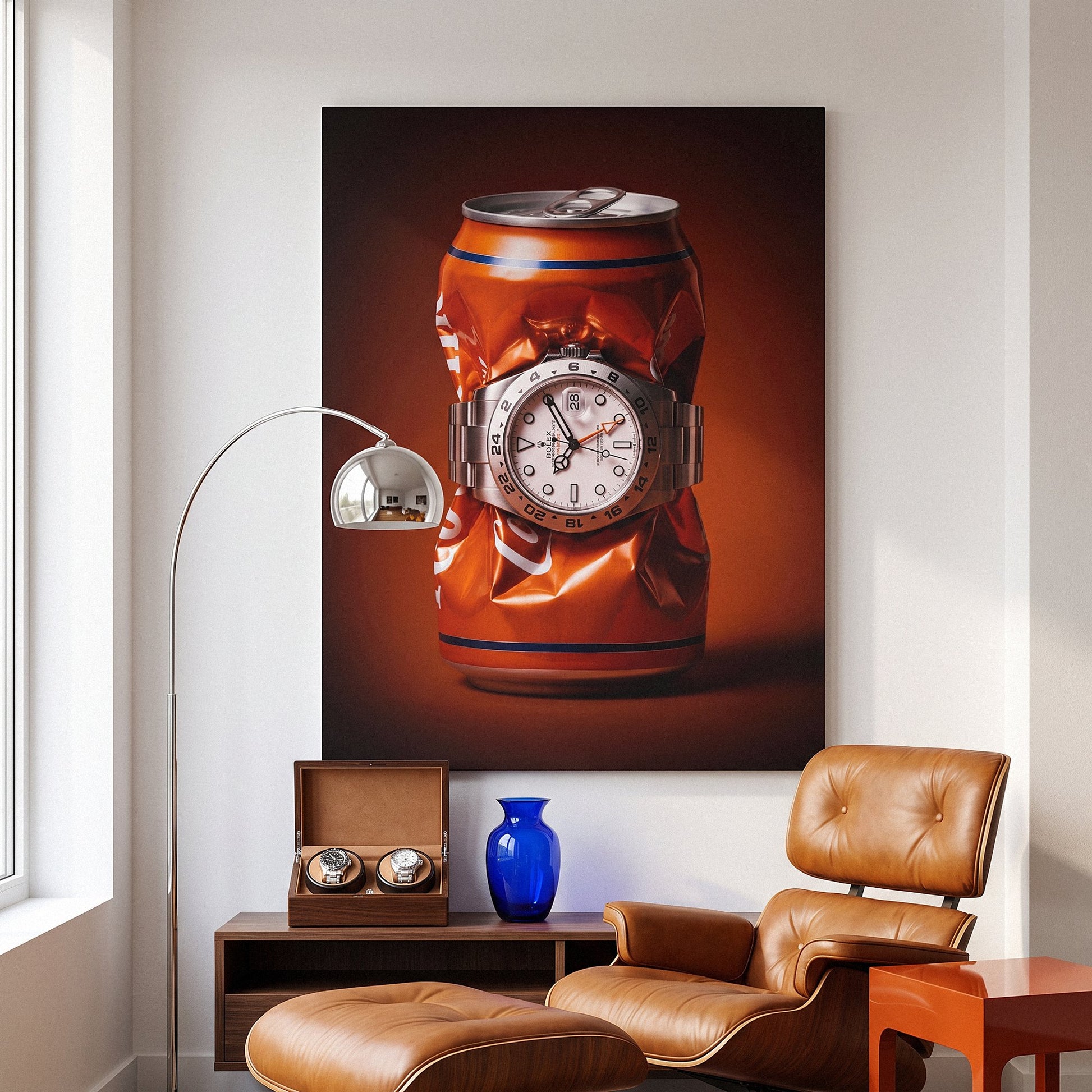 Bitter End crushed orange soda can with a white dial steel watch canvas wall art seen from the side on a styled wall
