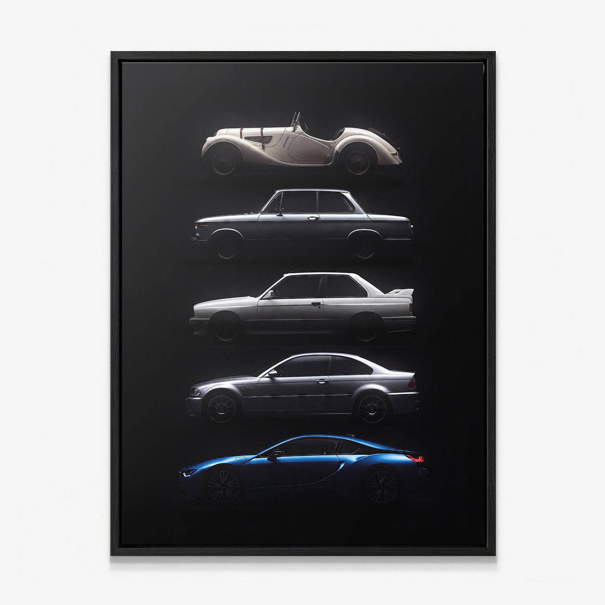 Bloodline German coupe generation evolution lineage canvas wall art in a black floating frame