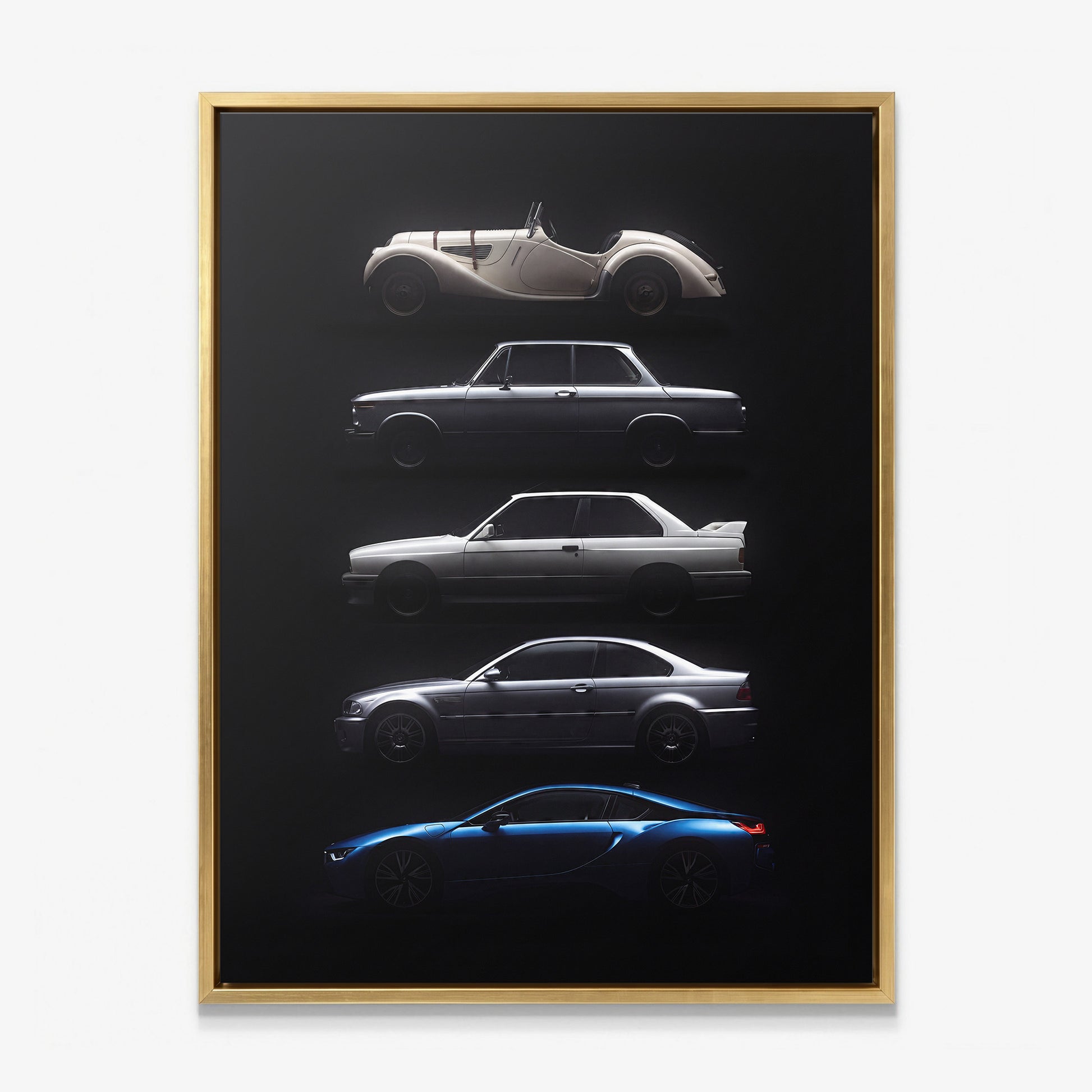 Bloodline German coupe generation evolution lineage canvas wall art in a gold floating frame