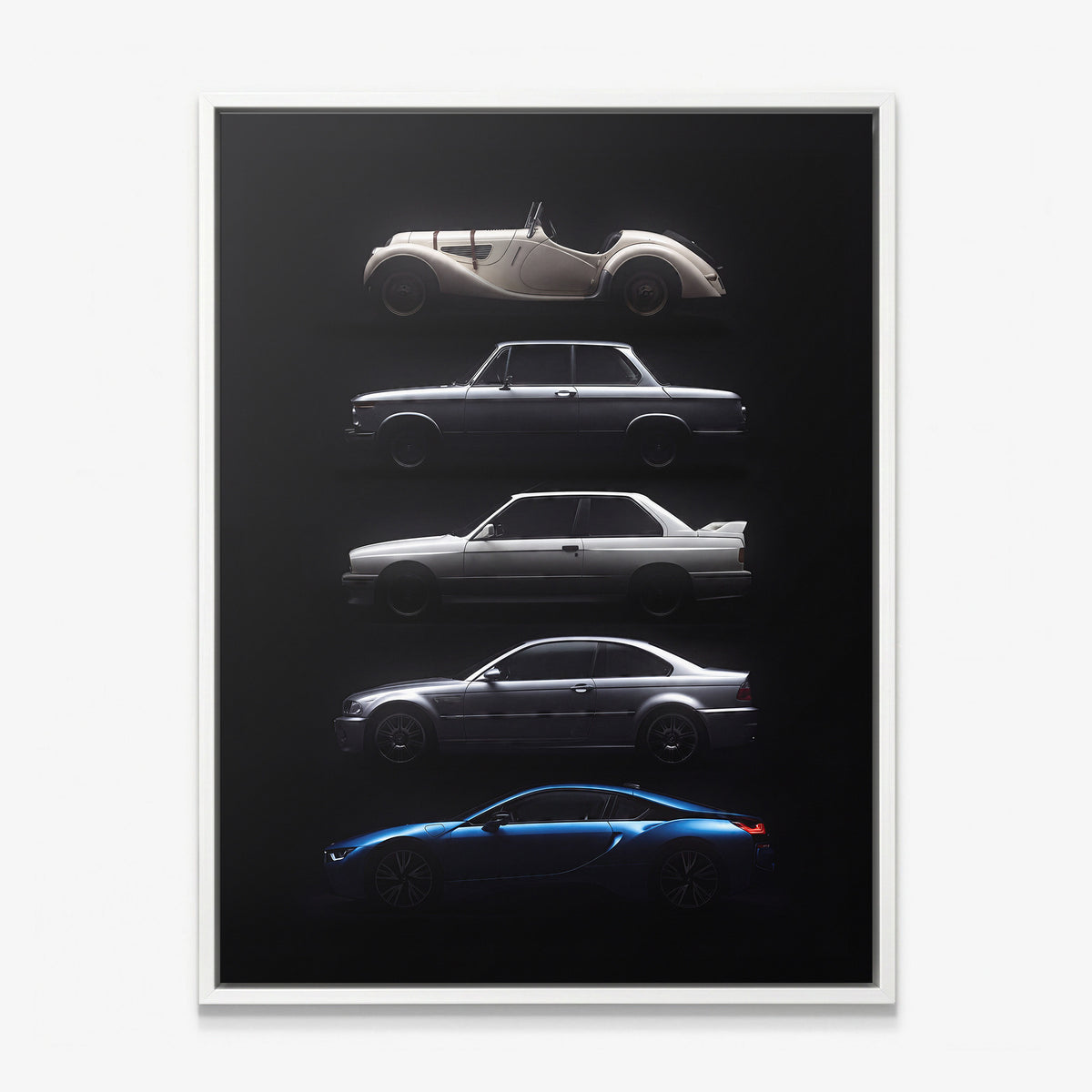 Bloodline German coupe generation evolution lineage canvas wall art in a white floating frame