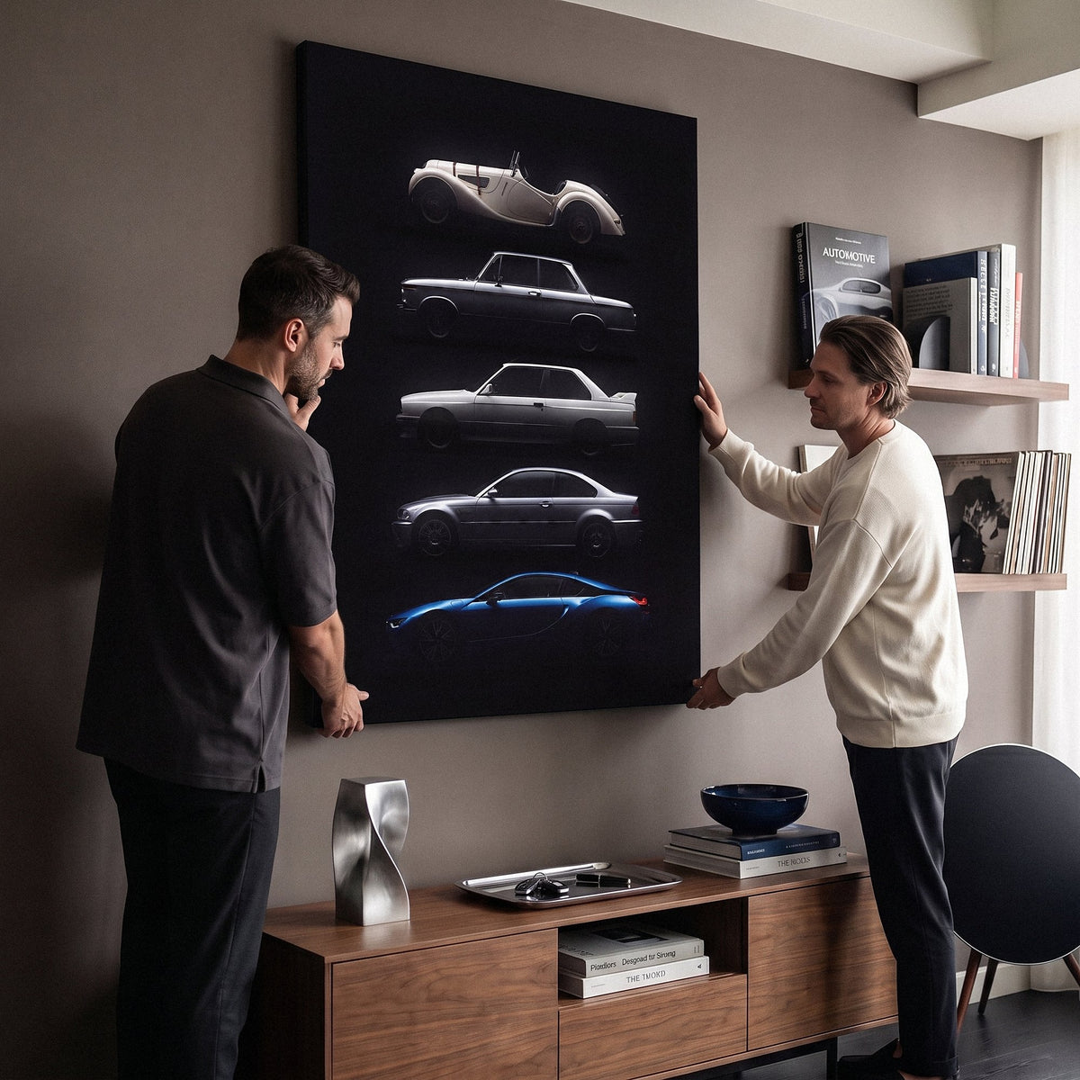 Bloodline German coupe generation evolution lineage canvas wall art in a living room lounge