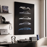 Bloodline German coupe generation evolution lineage canvas wall art in a dark enthusiast den