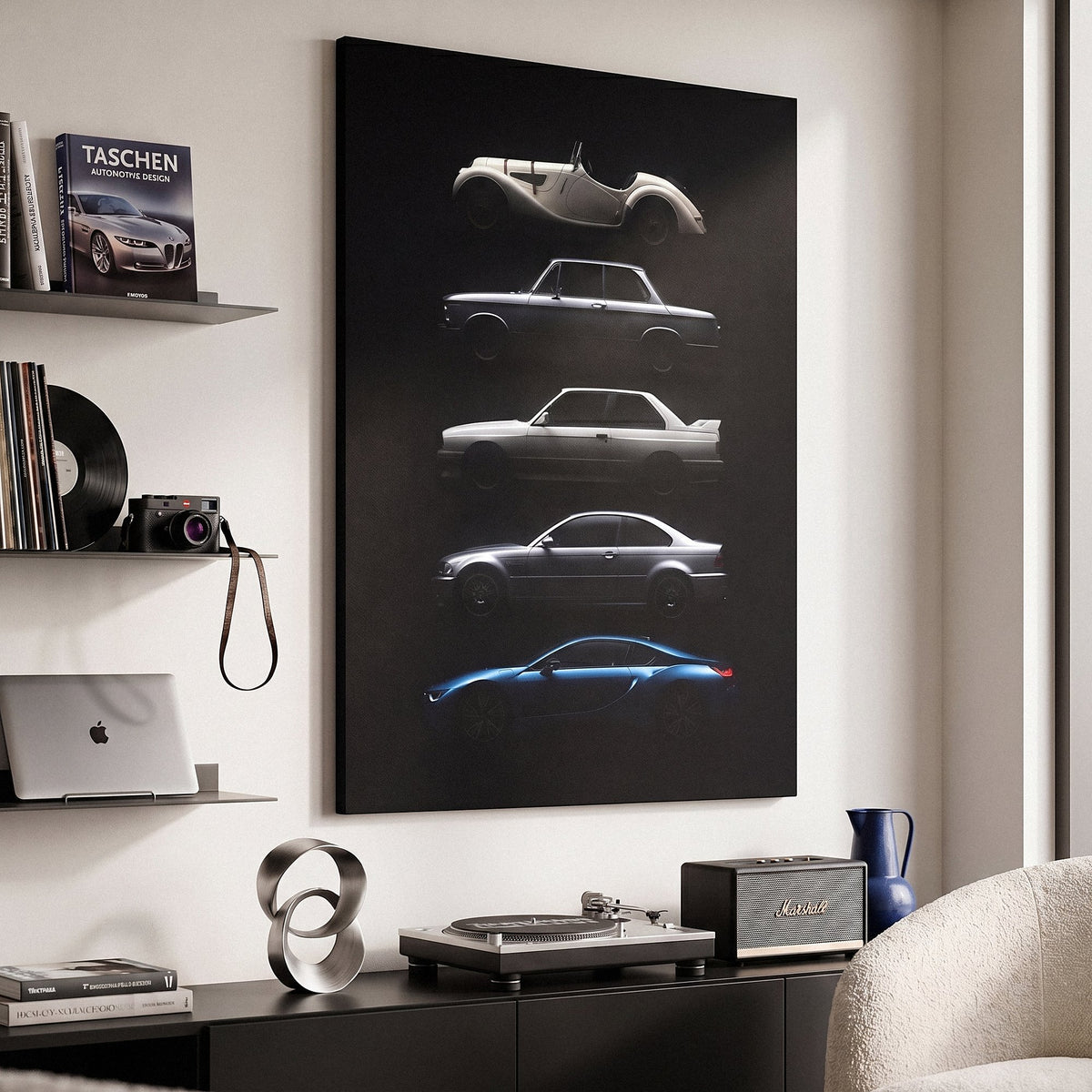 Bloodline German coupe generation evolution lineage canvas wall art in a dark enthusiast den