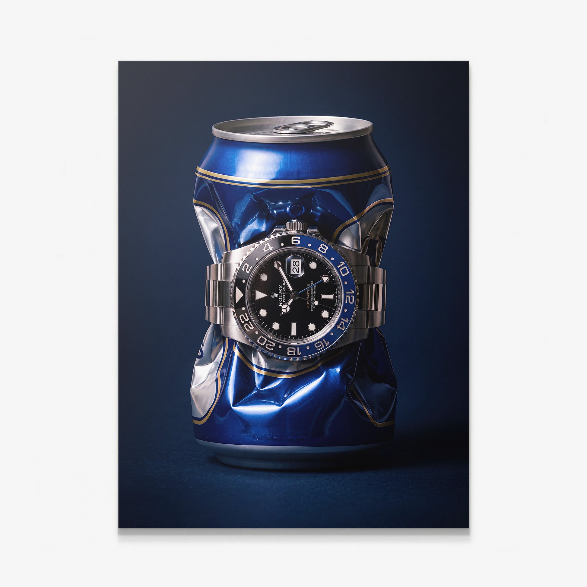 Borrowed Time crushed blue and gold beer can with a black and blue bezel watch canvas wall art