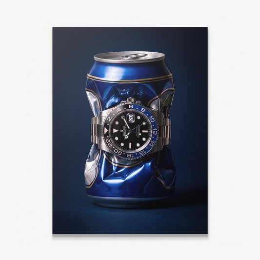 Borrowed Time crushed blue and gold beer can with a black and blue bezel watch canvas wall art