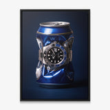 Borrowed Time crushed blue and gold beer can with a black and blue bezel watch canvas wall art in a black floating frame