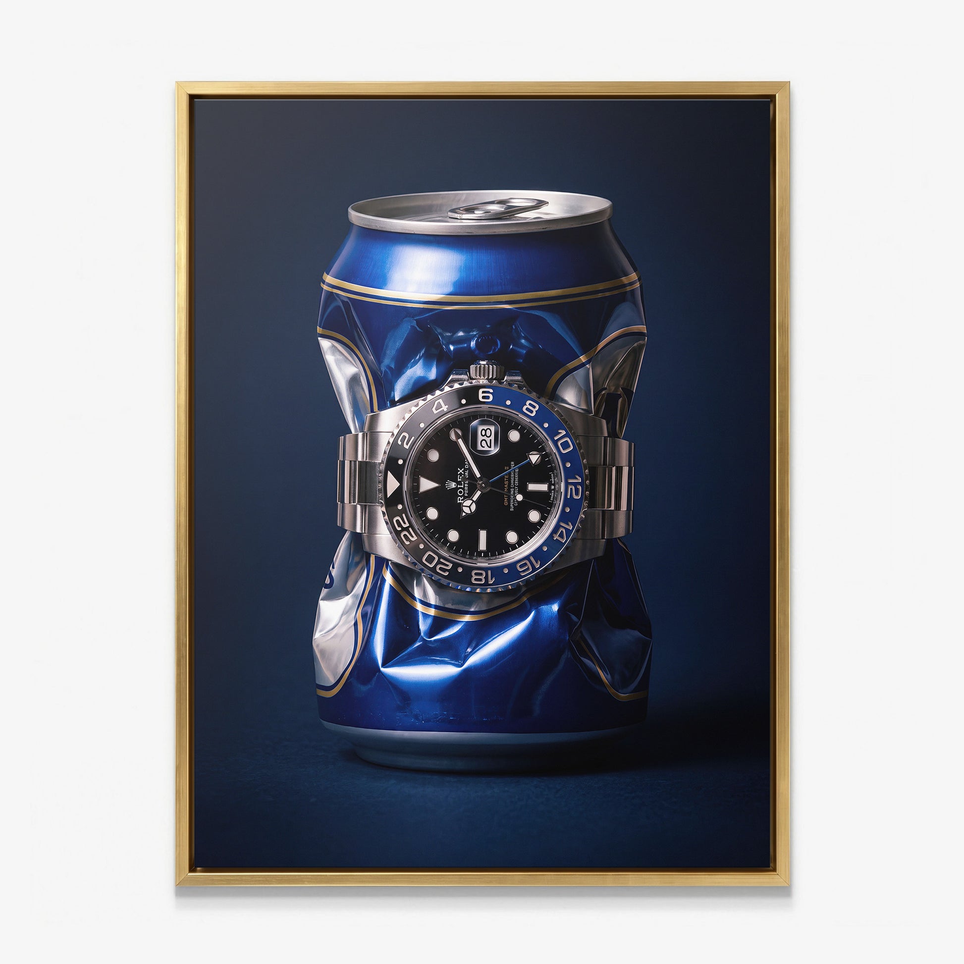 Borrowed Time crushed blue and gold beer can with a black and blue bezel watch canvas wall art in a gold floating frame