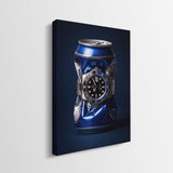 Borrowed Time crushed blue and gold beer can with a black and blue bezel watch canvas wall art side profile showing the gallery wrapped edge