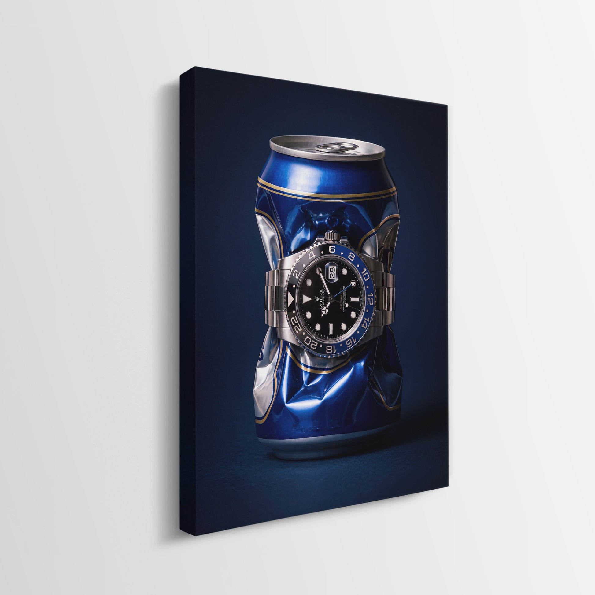 Borrowed Time crushed blue and gold beer can with a black and blue bezel watch canvas wall art side profile showing the gallery wrapped edge