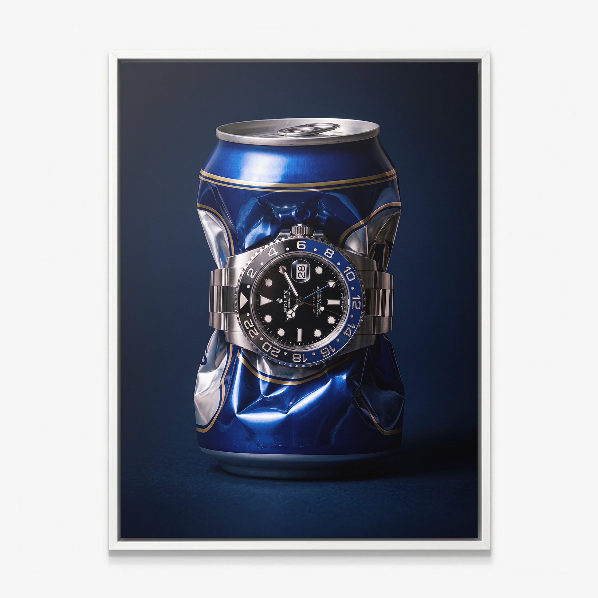 Borrowed Time crushed blue and gold beer can with a black and blue bezel watch canvas wall art in a white floating frame
