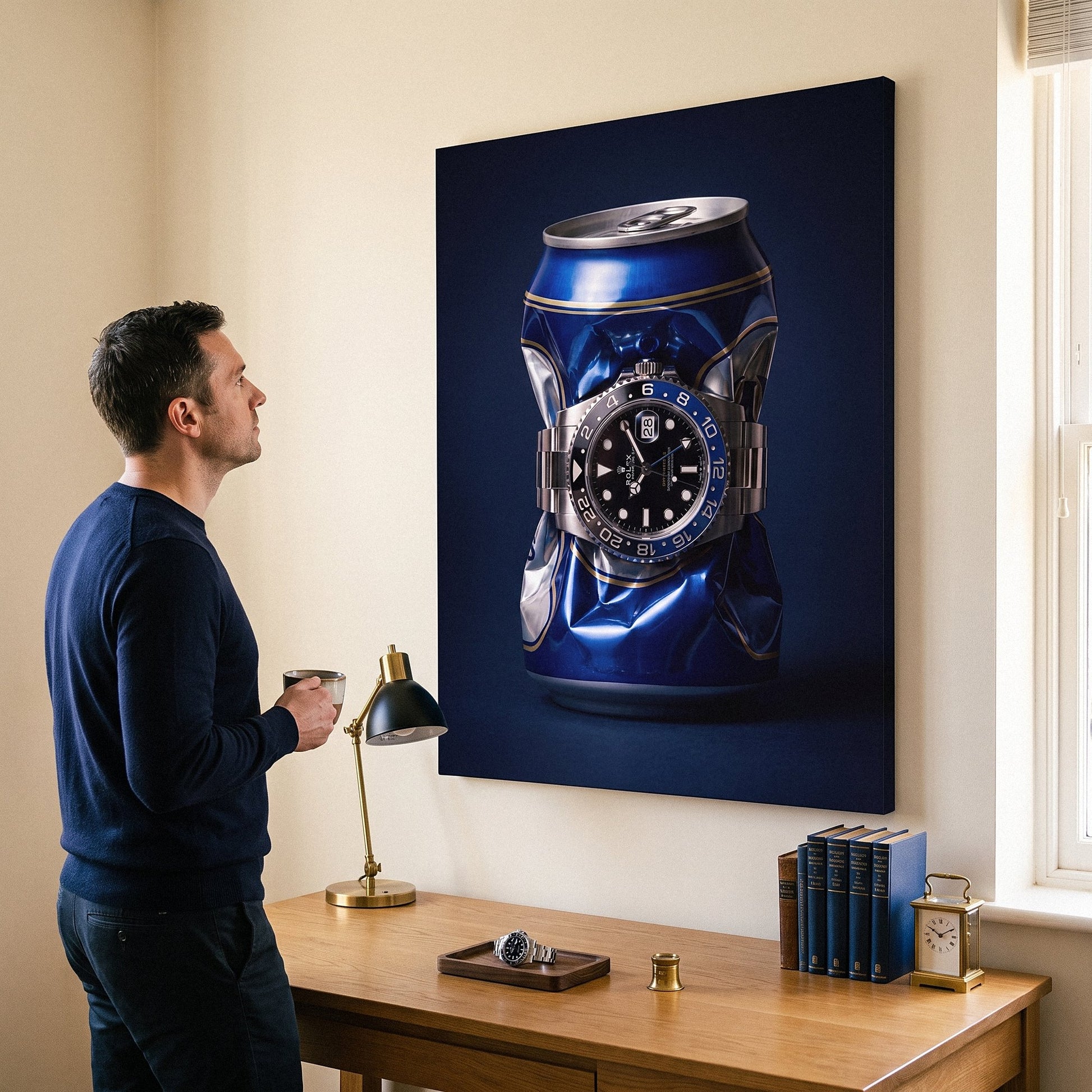 Borrowed Time crushed blue and gold beer can with a black and blue bezel watch canvas wall art in a home interior with a person viewing it