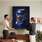 Borrowed Time crushed blue and gold beer can with a black and blue bezel watch canvas wall art on a wall with two people beside it