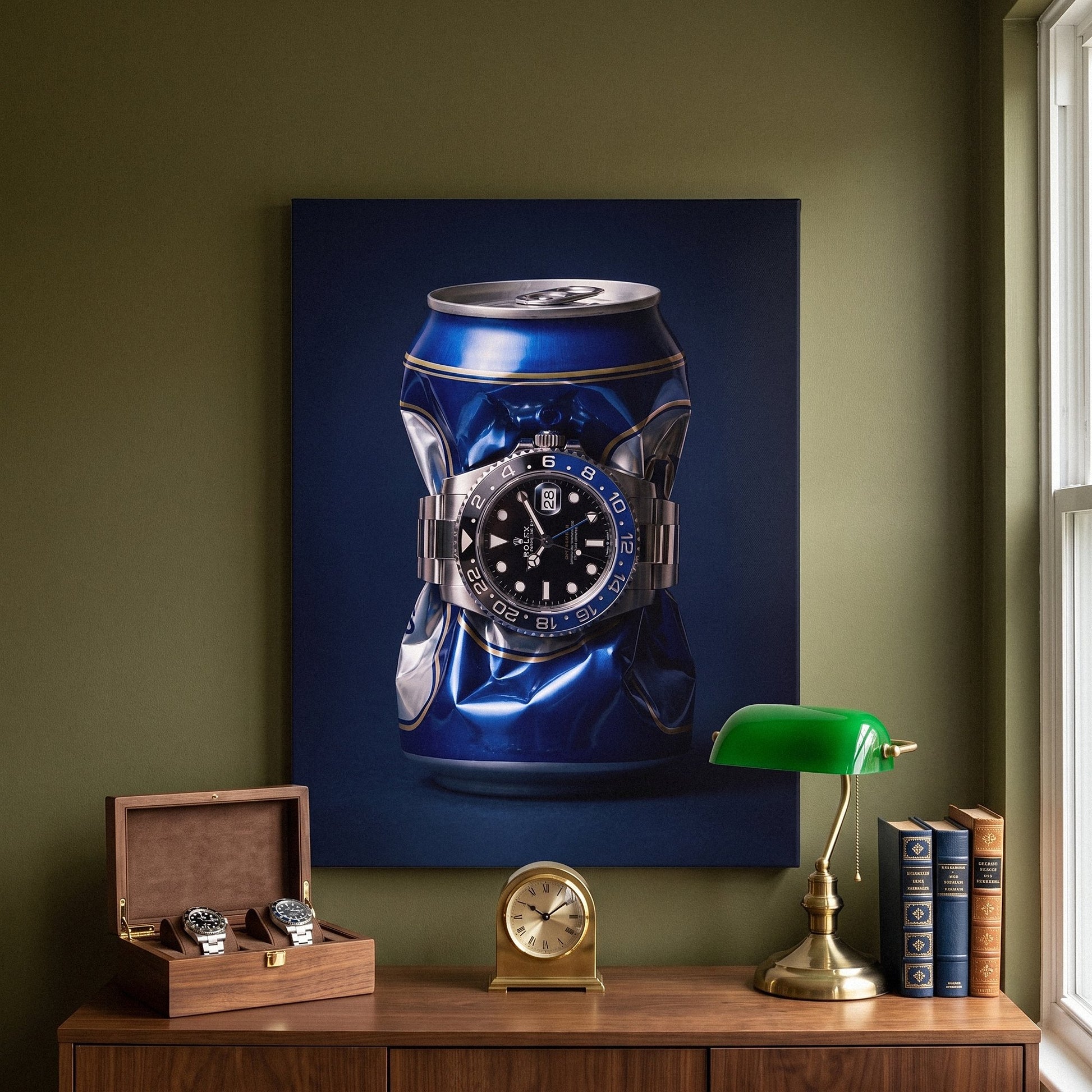 Borrowed Time crushed blue and gold beer can with a black and blue bezel watch canvas wall art hanging in a styled home interior