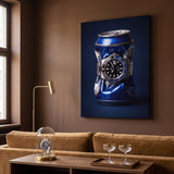 Borrowed Time crushed blue and gold beer can with a black and blue bezel watch canvas wall art seen from the side on a styled wall