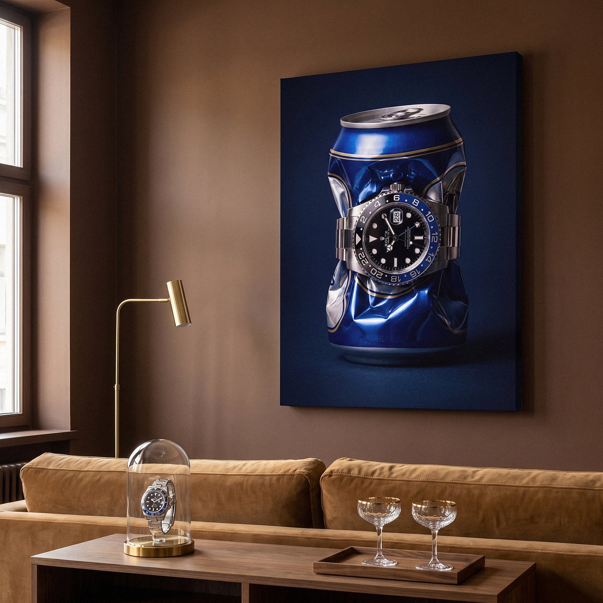 Borrowed Time crushed blue and gold beer can with a black and blue bezel watch canvas wall art seen from the side on a styled wall