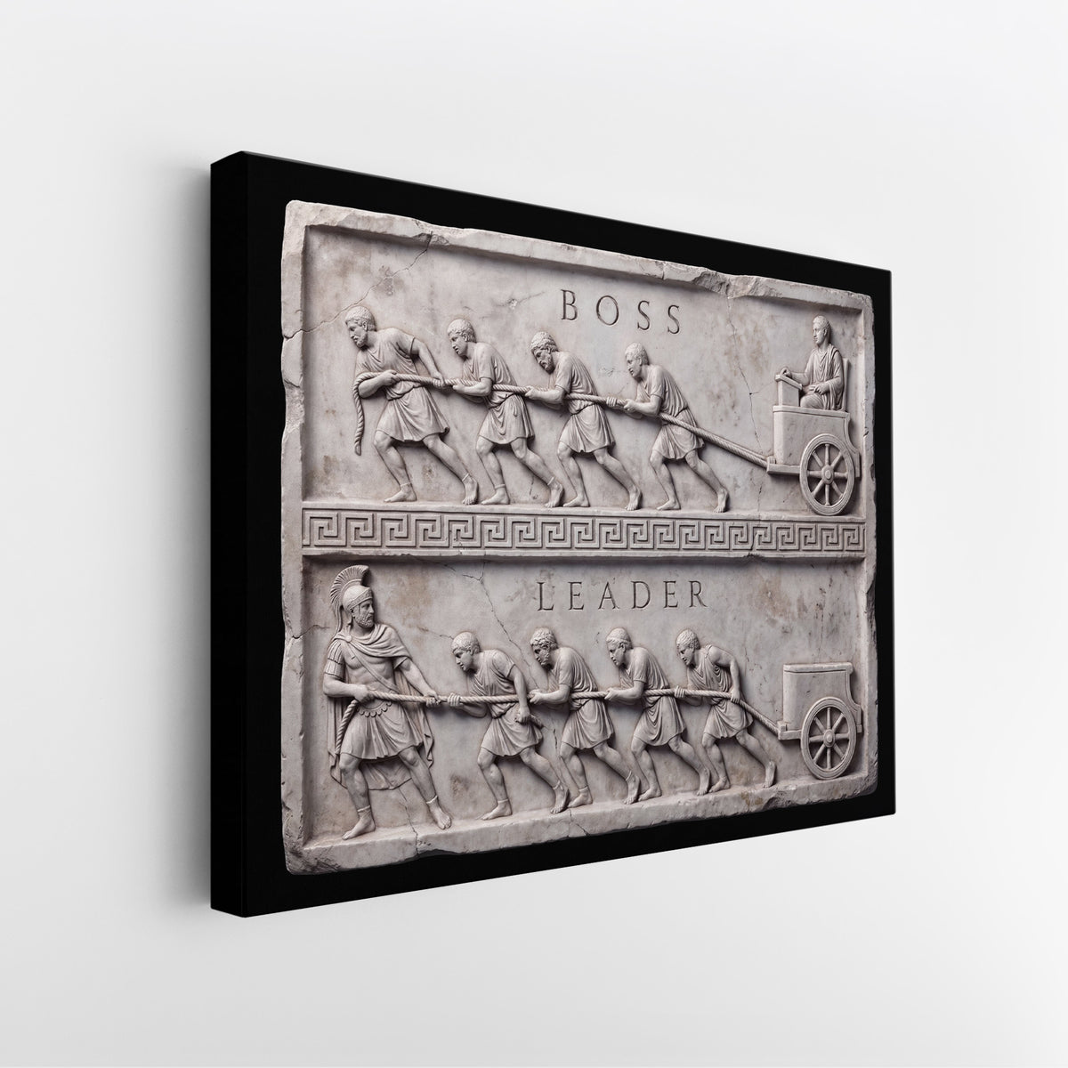 Side view of the Boss Vs Leader marble canvas showing the black gallery-wrapped edge