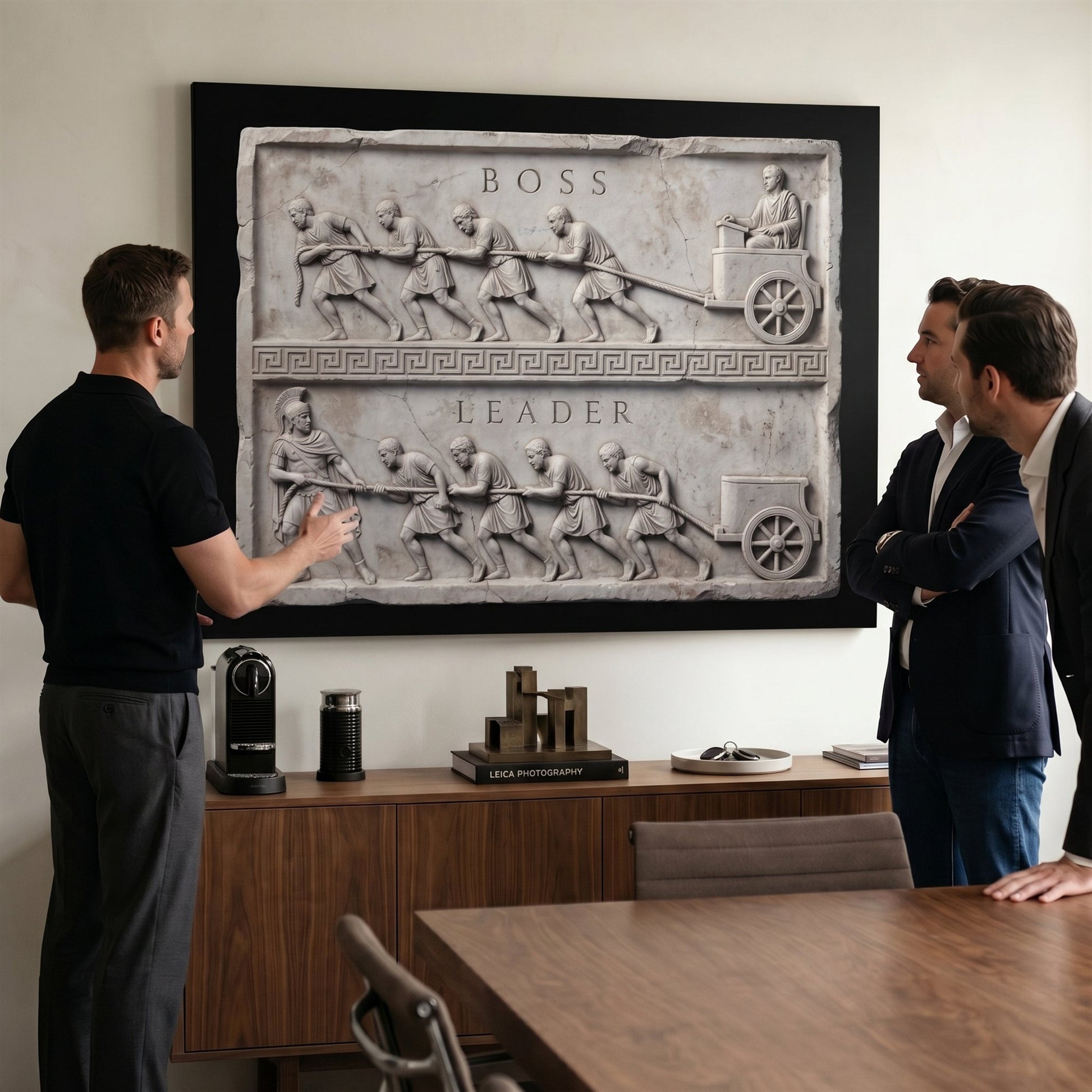 Three men discussing the Boss Vs Leader marble canvas in an office meeting room