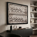 Boss Vs Leader marble canvas above a black credenza in a modern study