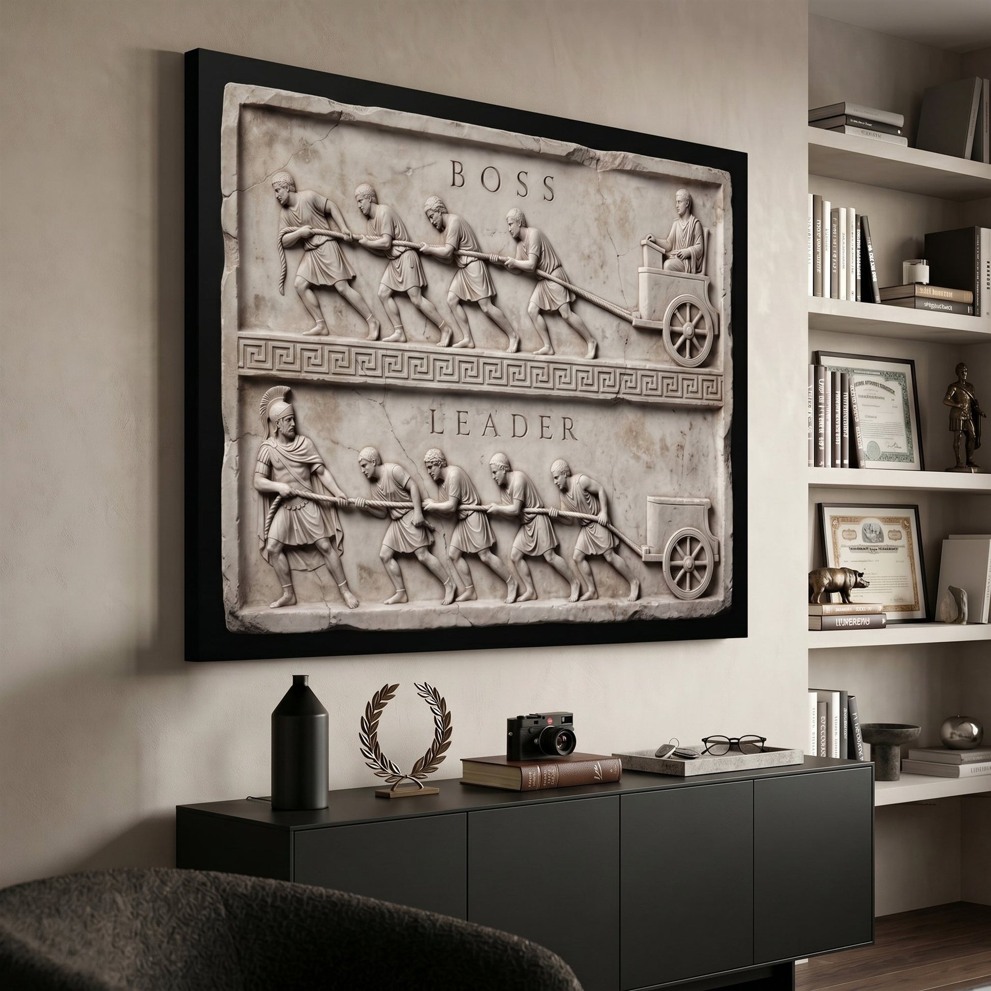 Boss Vs Leader marble canvas above a black credenza in a modern study