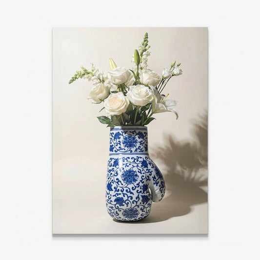 Boxing Vase canvas wall art, a blue and white porcelain boxing glove vase with white roses and lilies