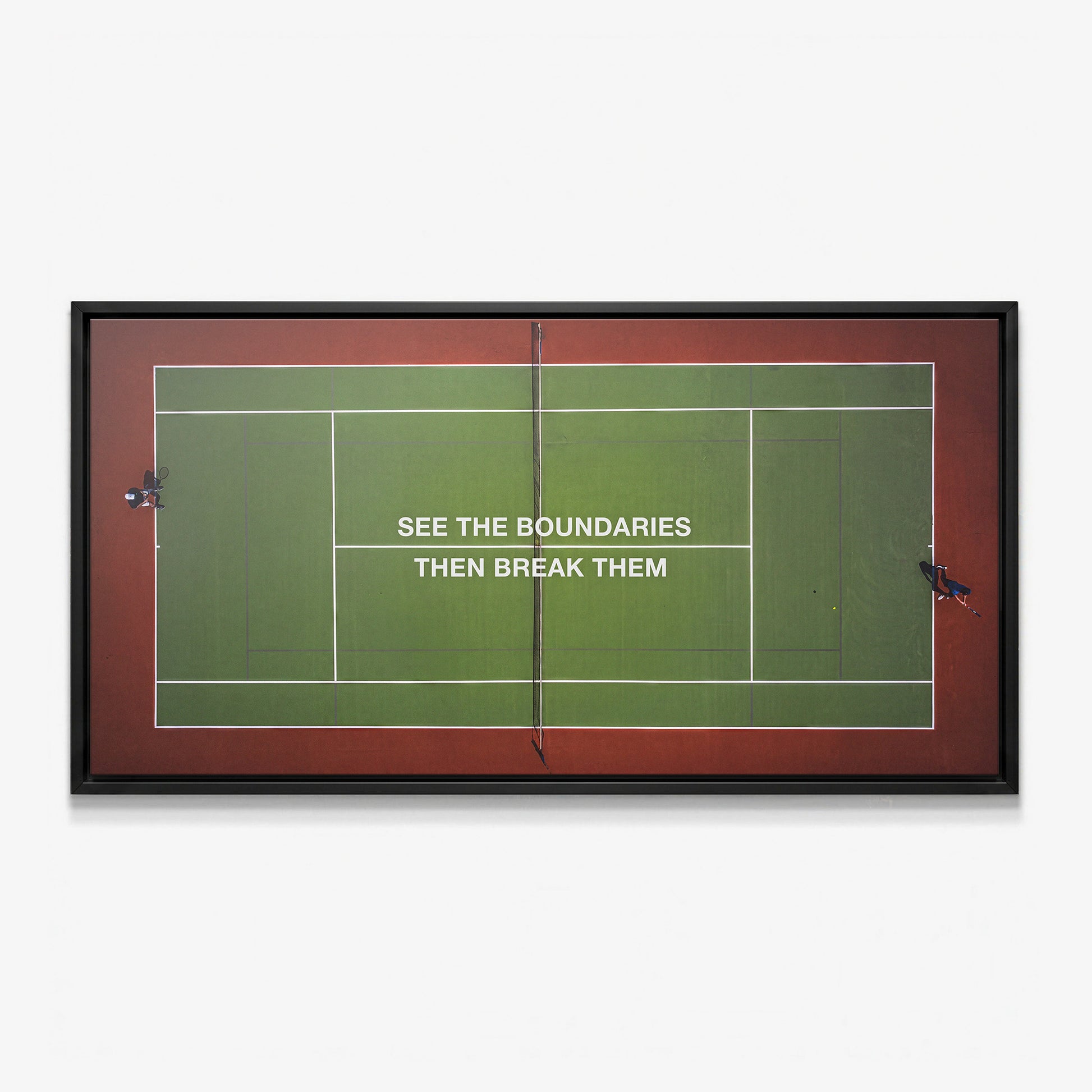Break Boundaries Match tennis canvas print in a black floating frame