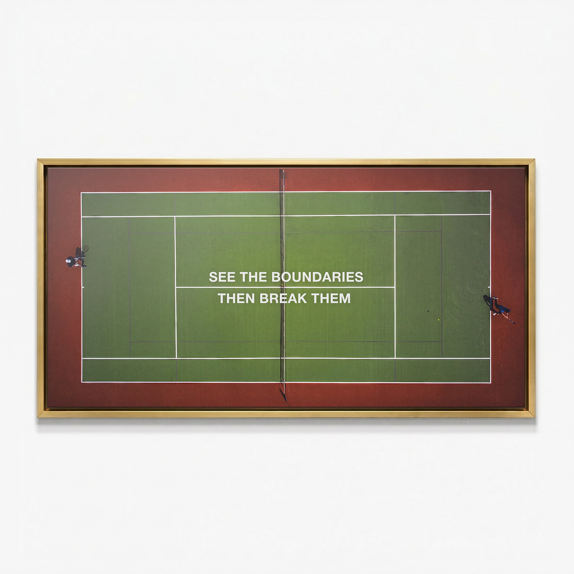 Break Boundaries Match tennis canvas print in a gold floating frame