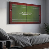 Break Boundaries Match tennis canvas print on a living room wall at a gentle angle showing the gallery-wrapped edge