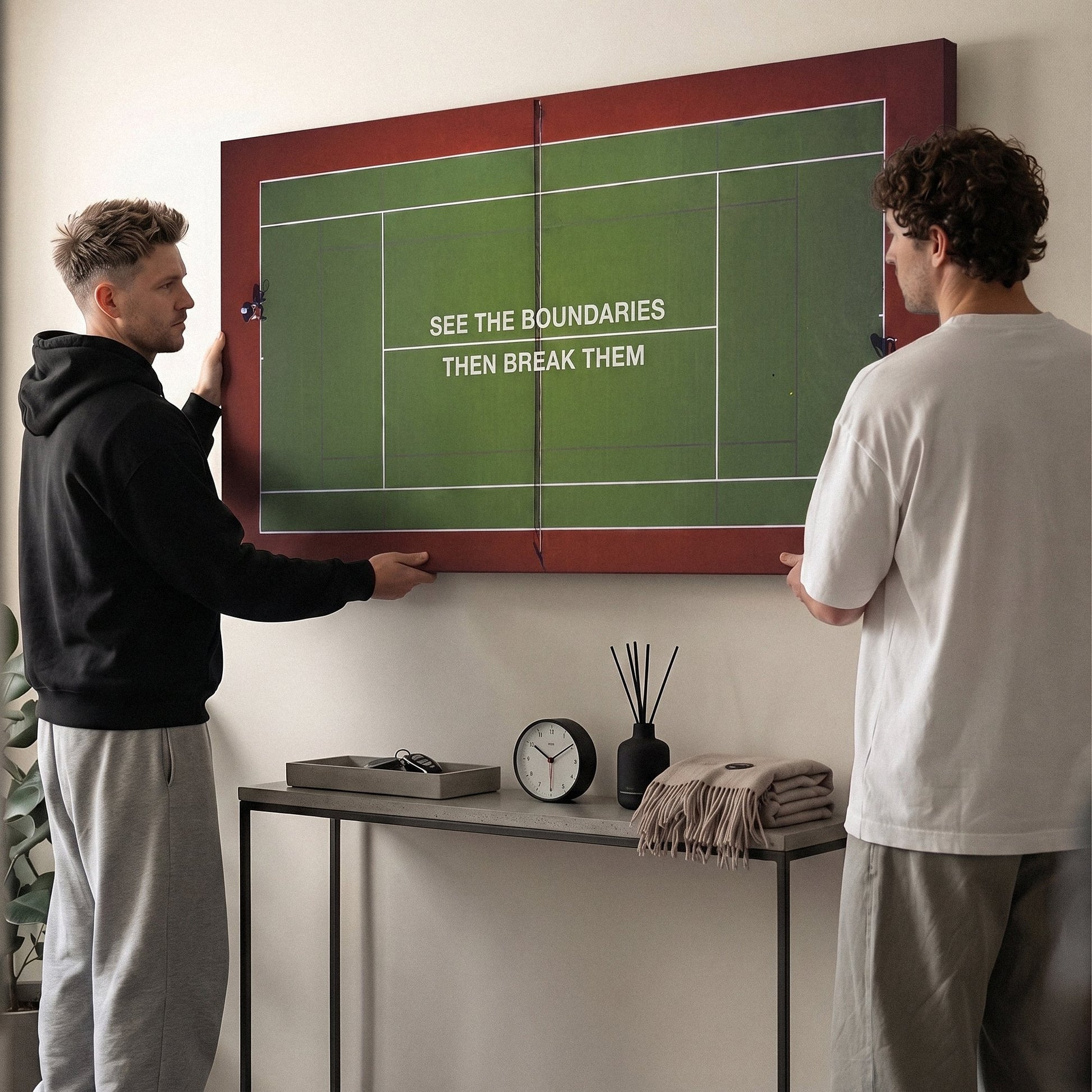 Two people viewing the Break Boundaries Match tennis canvas print together in a home setting