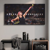 Break Boundaries tennis wall art canvas above a console table in a bright modern hallway