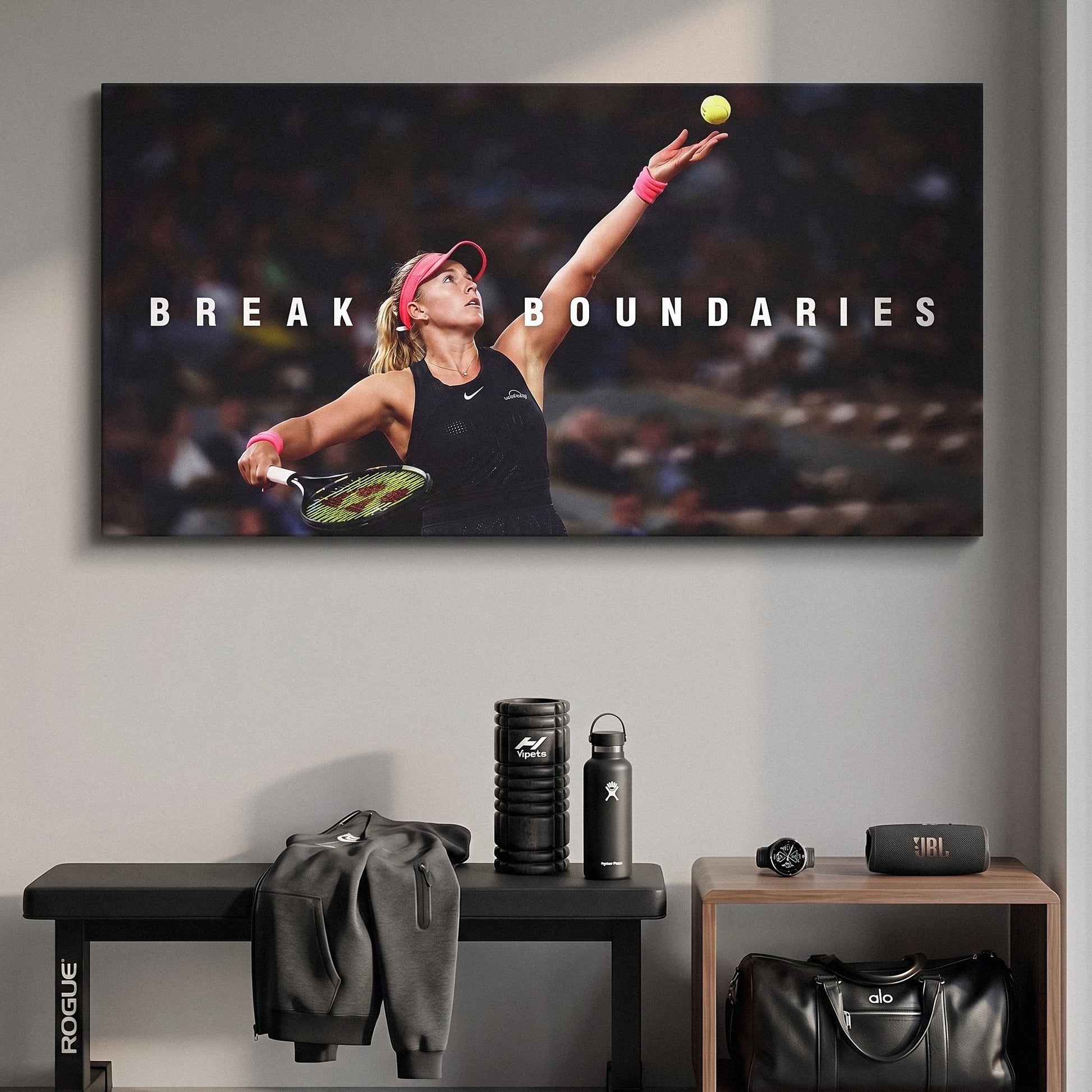 Break Boundaries tennis wall art canvas above a console table in a bright modern hallway
