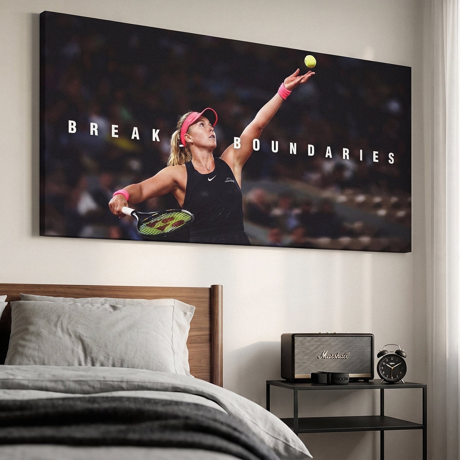 Break Boundaries tennis canvas print on a living room wall at a gentle angle showing the gallery-wrapped edge