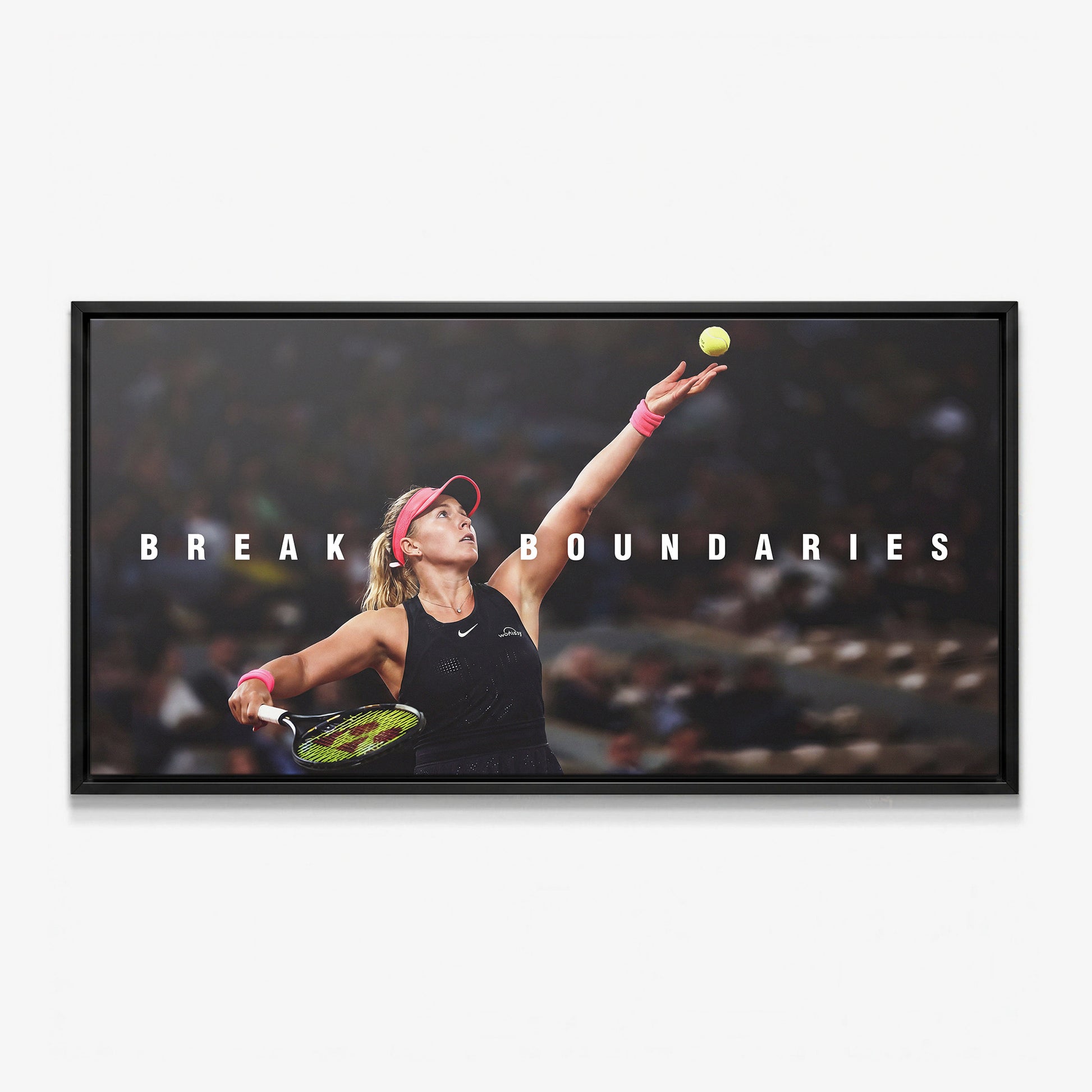 Break Boundaries tennis canvas print in a black floating frame