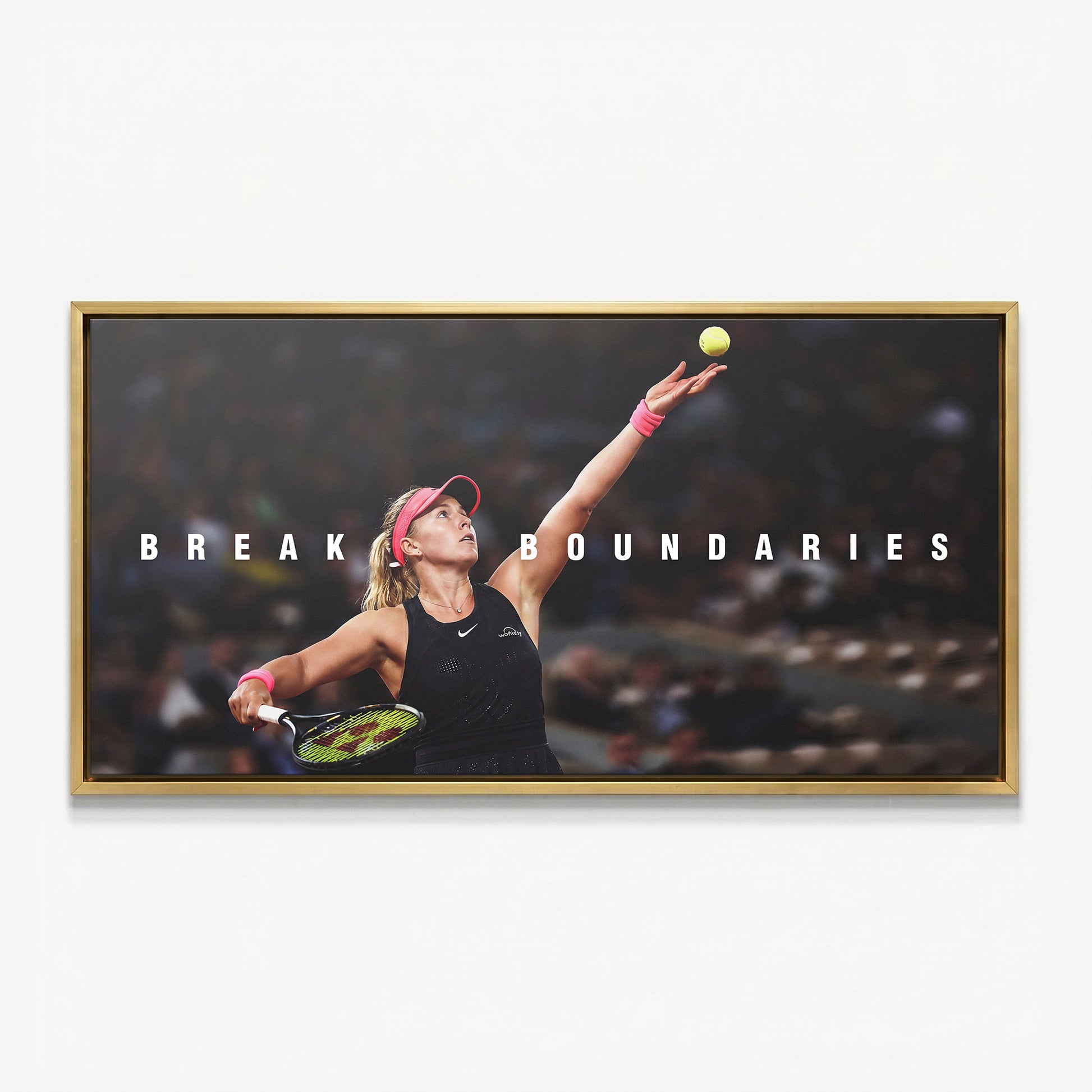 Break Boundaries tennis canvas print in a gold floating frame