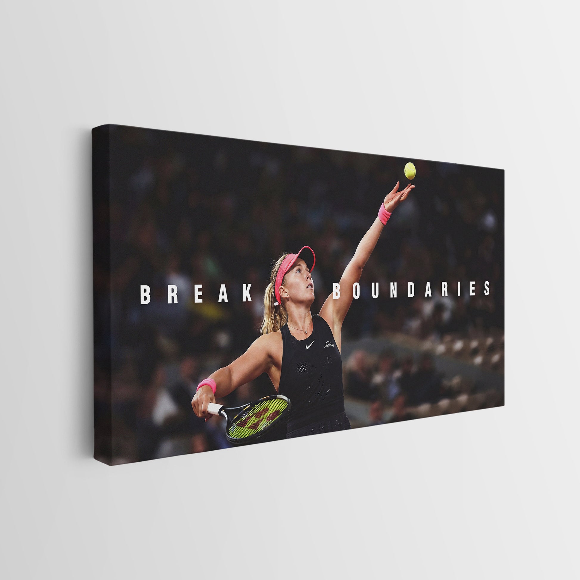 Side profile of the Break Boundaries tennis gallery-wrapped canvas showing its depth