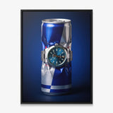 Burn Rate crushed blue and silver energy drink can with a teal dial watch canvas wall art in a black floating frame